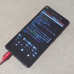 Photo du téléphone en question, un vieux wiko sur lequel est affiché le code d'une page de ce site en cours d'édition.